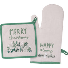 Load image into Gallery viewer, Oven Mitt and Potholder Kitchen Set - Merry Christmas Happy Always