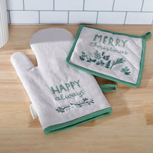 Load image into Gallery viewer, Oven Mitt and Potholder Kitchen Set - Merry Christmas Happy Always
