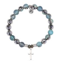 Load image into Gallery viewer, Blue Silver Agate Gemstone Bracelet with Cross CZ Sterling Silver Charm