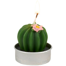 Load image into Gallery viewer, Candle shaped like a cactus with a pink flower on a white background