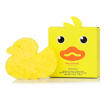 Load image into Gallery viewer, Yellow duck-shaped sponge with a matching yellow box featuring a duck face design on a white background.