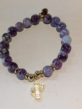 Load image into Gallery viewer, Gold Collection - Lepidolite Quartz Bracelet with Cactus Cutout Gold Charm