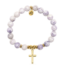 Load image into Gallery viewer, Gold Collection - Purple Turquoise Gemstone Bracelet with Cross CZ Gold Charm