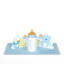 Load image into Gallery viewer, Poppin' Bottles and Changing Diapers New Baby Lovepop card