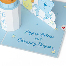Load image into Gallery viewer, Poppin' Bottles and Changing Diapers New Baby Lovepop card