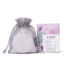 Load image into Gallery viewer, Luxe shower steamer packaging with a mesh bag on a white background