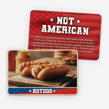 Load image into Gallery viewer, Card with hot dogs and mustard on a wooden board, featuring text about hot dogs and an American flag design.