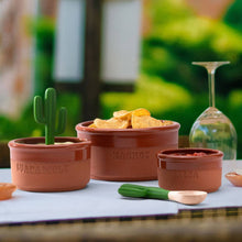 Load image into Gallery viewer, Terracotta containers with 'Guacamole', 'Nachos', and 'Salsa' text on a table outdoors.