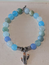 Load image into Gallery viewer, Multi Blue Jade Gemstone Bracelet with Cactus Cutout Sterling Silver Charm