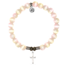 Load image into Gallery viewer, Pink Champagne Cat's Eye Gemstone Bracelet with Cross CZ Sterling Silver Charm