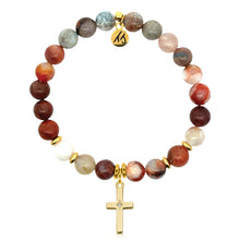 Load image into Gallery viewer, Gold Collection - Sakura Agate Gemstone Bracelet with Cross CZ Gold Charm
