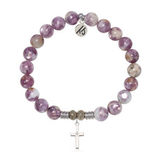 Load image into Gallery viewer, Purple beaded bracelet with silver charms on a white background