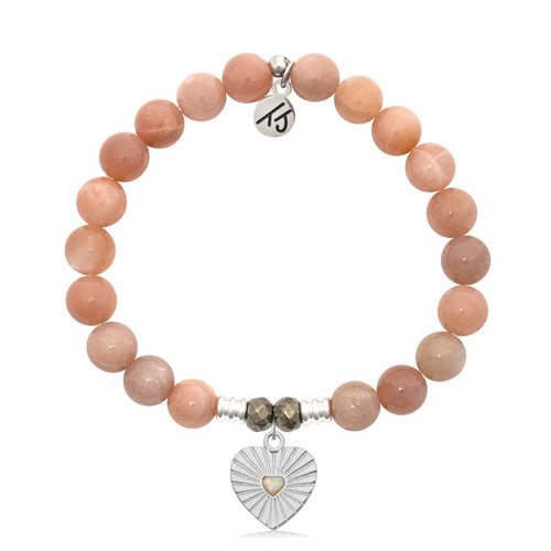 Peach Moonstone Stone Bracelet with Heart Opal Sterling Silver Charm