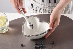 The Beaded Heart Set - White Bowl with Silver Rim and Spoon