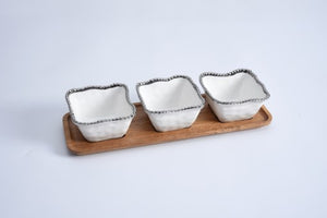 Entertaining 4 Piece Set - White Bowls with Silver Trim