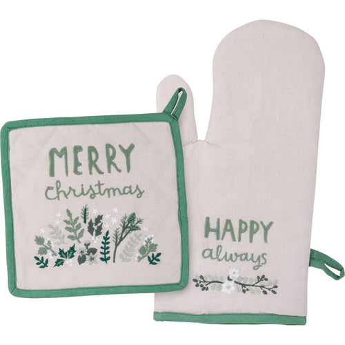 Oven Mitt and Potholder Kitchen Set - Merry Christmas Happy Always