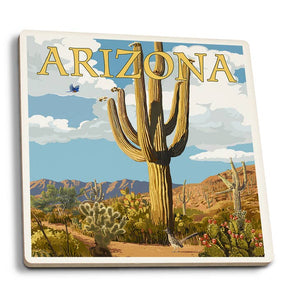 Ceramic Coaster - Arizona Saguaro Cactus & Roadrunner