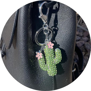 Cactus Pink Flower Green Rhinestone Bling Bag Charm/Keychain