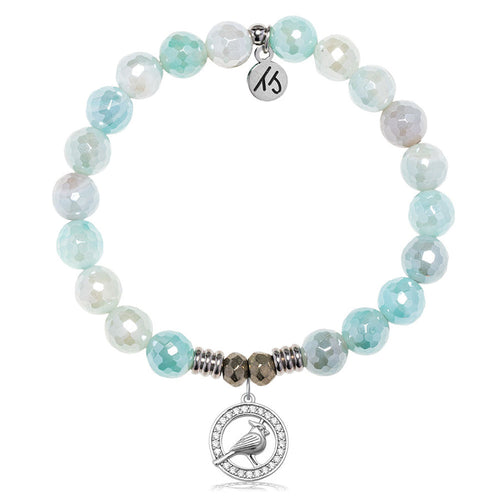 Aqua Agate Gemstone Bracelet with White Cardinal CZ Sterling Silver Charm