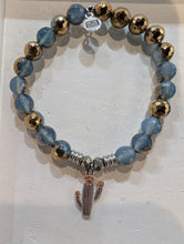Load image into Gallery viewer, Blue Gold Agate Gemstone Bracelet with Cactus Cutout Sterling Silver Charm
