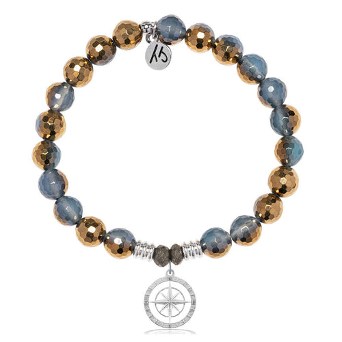 Blue Gold Agate Gemstone Bracelet with Compass Rose Sterling Silver Charm