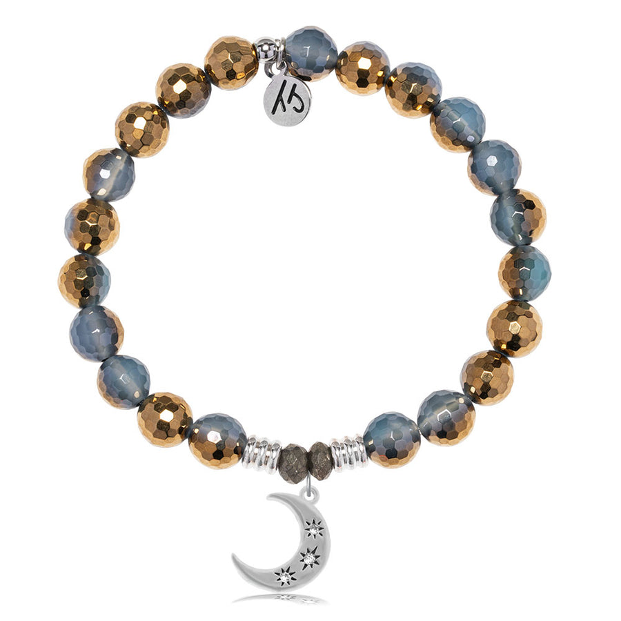 Blue Gold Agate Gemstone Bracelet with Friendship Stars Sterling Silver Charm