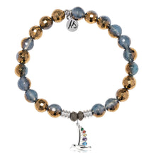 Load image into Gallery viewer, Blue Gold Agate Gemstone Bracelet with Hummingbird Sterling Silver Charm
