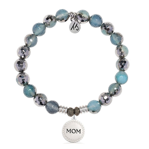 Blue Silver Agate Gemstone Bracelet with Endless Love Mom Sterling Silver Charm