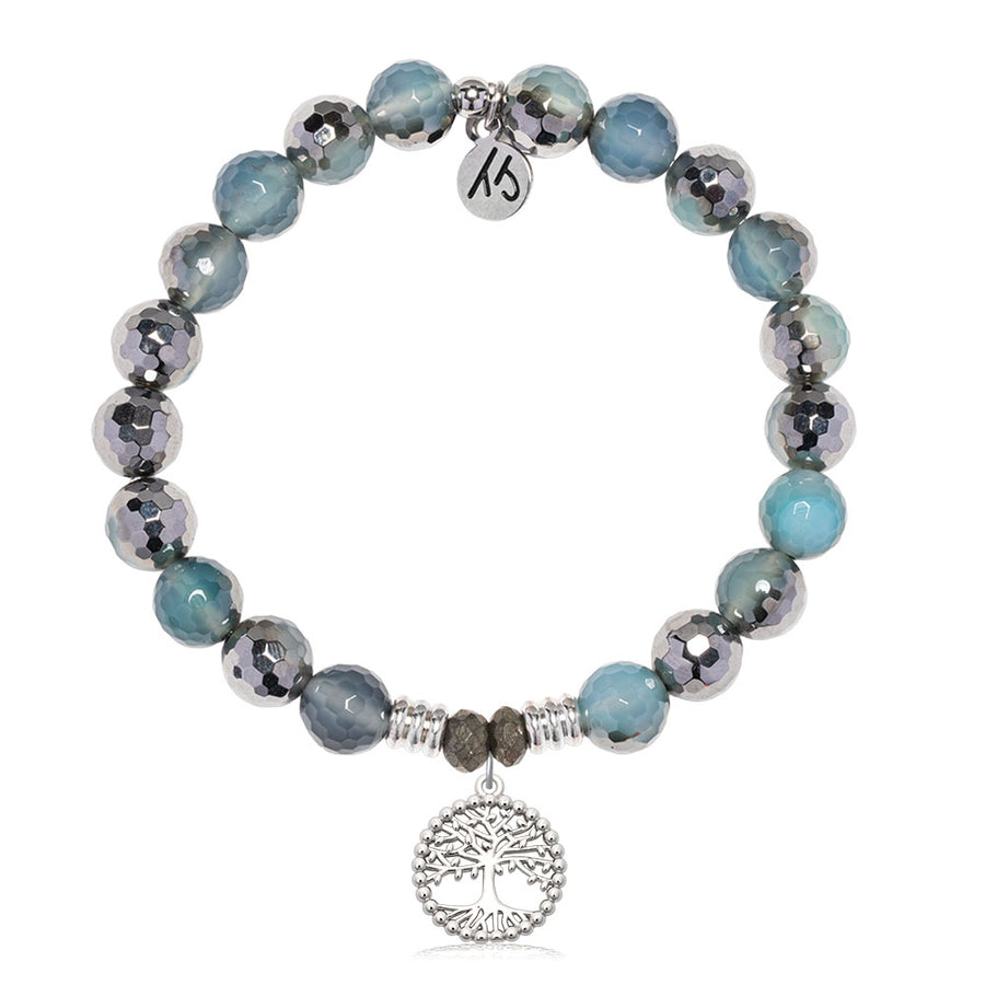 Blue Silver Agate Gemstone Bracelet with Family Tree Sterling Silver Charm