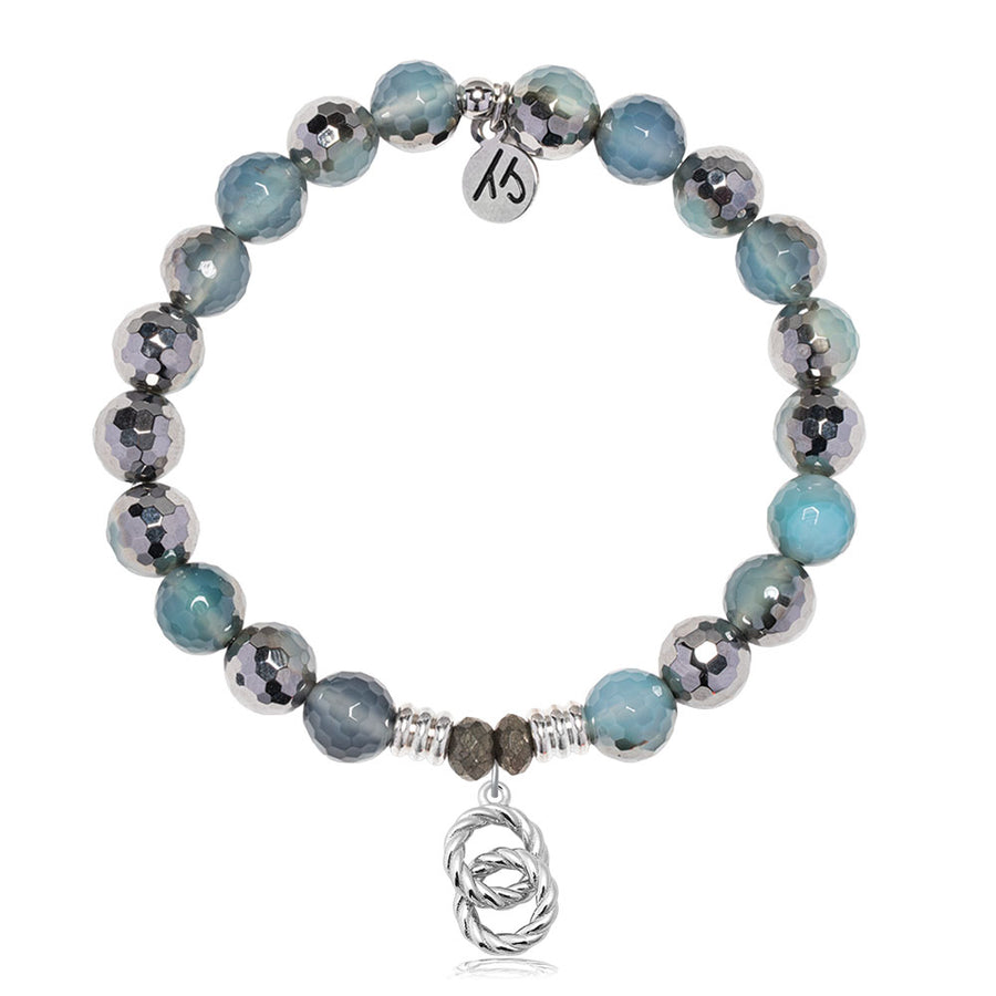 Blue Silver Agate Gemstone Bracelet with Forever Connected Sterling Silver Charm