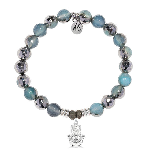 Blue Silver Agate Gemstone Bracelet with Hamsa CZ Sterling Silver Charm