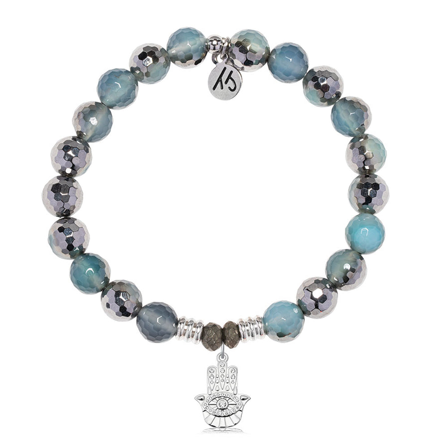 Blue Silver Agate Gemstone Bracelet with Hamsa CZ Sterling Silver Charm