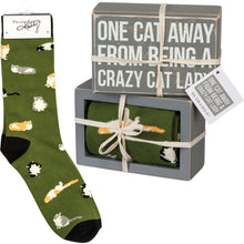 Load image into Gallery viewer, Box Sign &amp; Sock Set - One Cat Away From Being a Crazy Cat Lady
