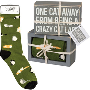 Box Sign & Sock Set - One Cat Away From Being a Crazy Cat Lady