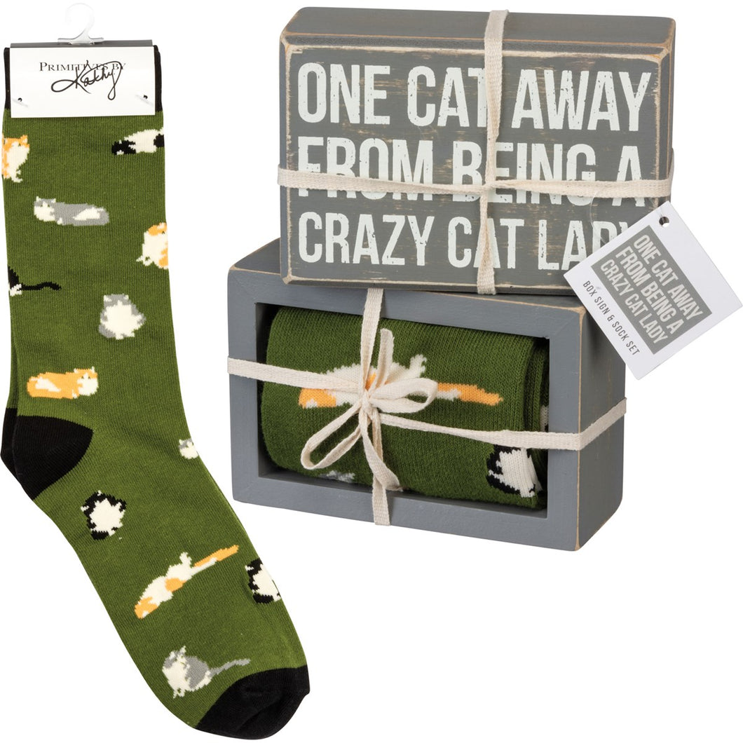 Box Sign & Sock Set - One Cat Away From Being a Crazy Cat Lady
