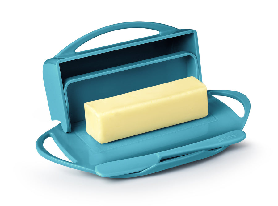 Butter Dish with Attached Flip-Top Lid - Aqua