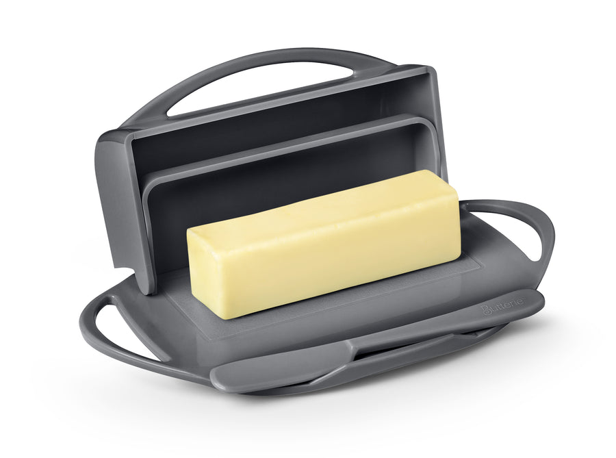Butter Dish with Attached Flip-Top Lid - Gray
