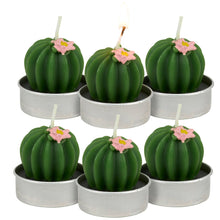 Load image into Gallery viewer, Set of six cactus-shaped candles with pink flowers in small metal pots on a white background
