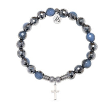 Load image into Gallery viewer, Cross CZ Charm with Silver Dipped Sky Blue Agate Gemstone Bracelet
