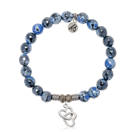 Denim Blue Agate Gemstone Bracelet with Linked Hearts Sterling Silver Charm