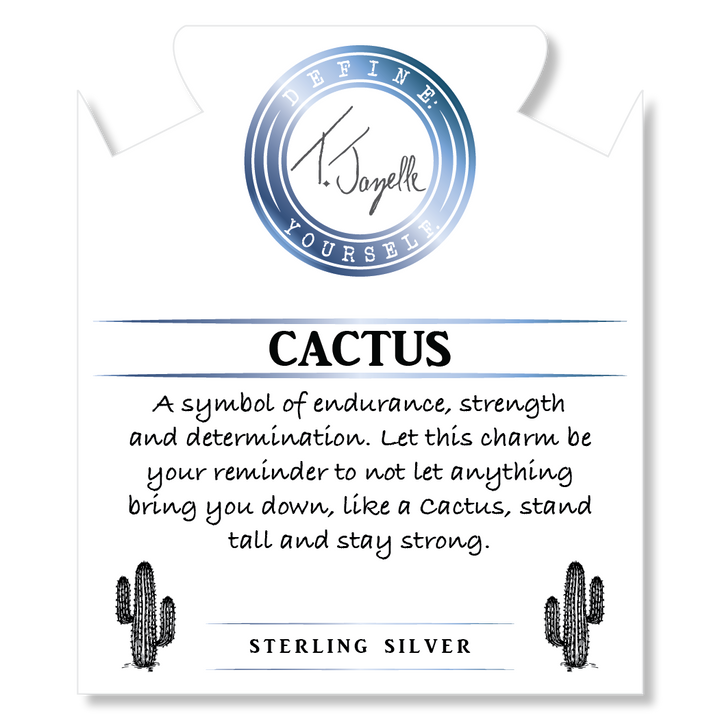 Denim Blue Agate Stone Bracelet with Cactus Cutout Sterling Silver Charm