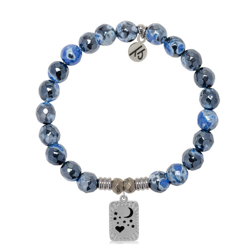 Denim Blue Agate Stone Bracelet with Moon and Back Sterling Silver Charm