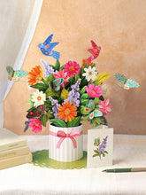 Load image into Gallery viewer, 3D floral arrangement with butterflies and a card on a table
