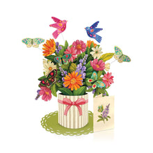 Load image into Gallery viewer, Colorful flower arrangement with butterflies and a card on a white background
