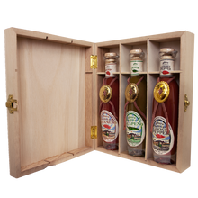 Load image into Gallery viewer, Pure Peppers Deluxe Hot Sauce Gift Set Wood Box - 3 Glass Bottles Habanero, Jalapeno, Ghost Pepper
