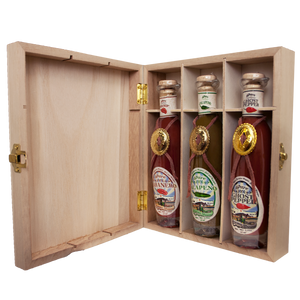 Pure Peppers Deluxe Hot Sauce Gift Set Wood Box - 3 Glass Bottles Habanero, Jalapeno, Ghost Pepper