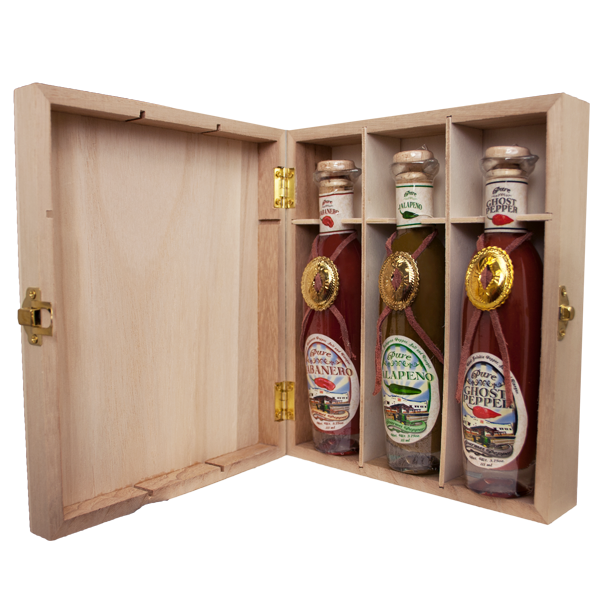 Pure Peppers Deluxe Hot Sauce Gift Set Wood Box - 3 Glass Bottles Habanero, Jalapeno, Ghost Pepper