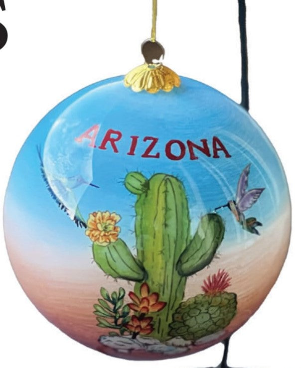 Glass Ball Christmas Ornament - Arizona Cactus with Bird