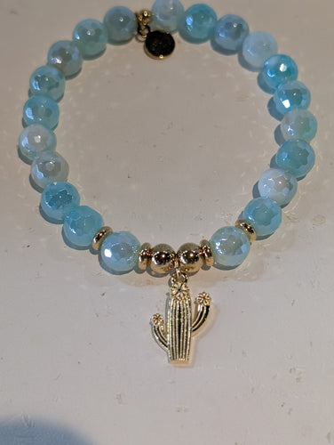 Gold Collection - Aqua Agate Bracelet with Cactus Cutout Gold Charm