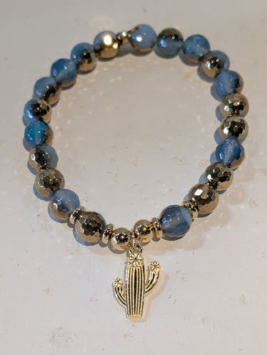 Gold Collection - Blue Gold Agate Bracelet with Cactus Cutout Gold Charm